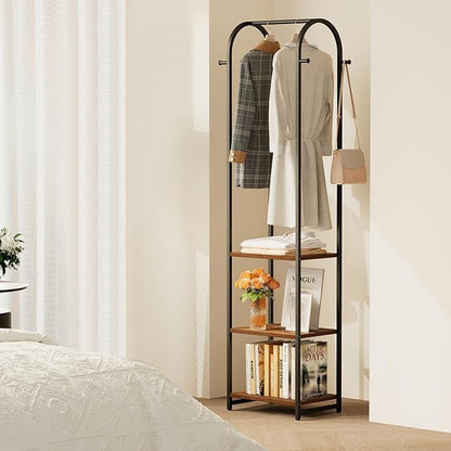 Garment Rack, Coat Rack With 3 Shelves and 4 Hooks, 71" H Clothes Stand For Hanging Clothes, Hanging Rod For for Bedroom, Hallway, Entryway, Office, Living Room, Rustic Brown and Black
