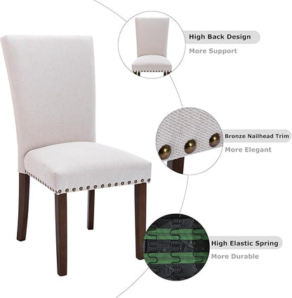 COLAMY Upholstered Fabric Dining Chairs Set of 6, High Back Padded Chairs w/Nailed Trim & Solid Wood Legs, Classic Parsons Chairs Side Chair for Home/Kitchen/Living Room-Beige (A420-BEIGE-6pcs)
