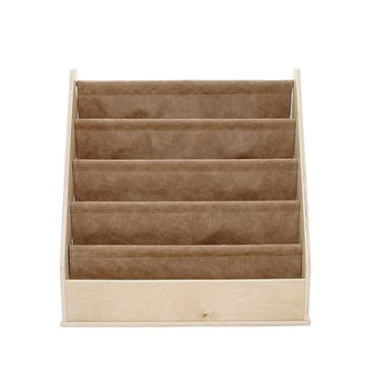 Factory Direct Partners Rustic Kid Birch Sling Book Display; Distressed Faux Leather 4-Shelf Storage for Books or Magazines; Furniture for Bedroom, Playroom, Daycare or Classroom - Pecan, 13745-321