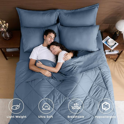 HEVUMYI Dusty Blue Queen Comforter Set - 7-Piece All Season Bed in a Bag Queen, Ultra Soft Bedding Set with Comforter, Flat Sheet, Fitted Sheet, Pillowcases, Pillow Shams