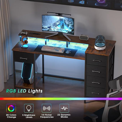 47 Inch Computer Gaming Desk with Power Outlets LED Lights Reversible Home Office with Adjustable Fabric Storage Drawers for Working Writing Study, Rustic Brown