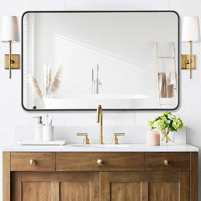 30x48 Inch Rectangle Bathroom Mirror with Black Metal Frame, Rounded Corner Rectangular Vanity Mirror for Wall, Modern Large for Bedroom, Living Room, Horizontal or Vertical