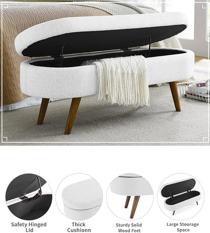 Oval Storage Bench 43.5" Linen Fabric Upholstered Entryway Bench with Solid Wood Legs Ottoman Bench Indoor Bench for Living Room/Bedroom/End of Bed/Entryway (White)