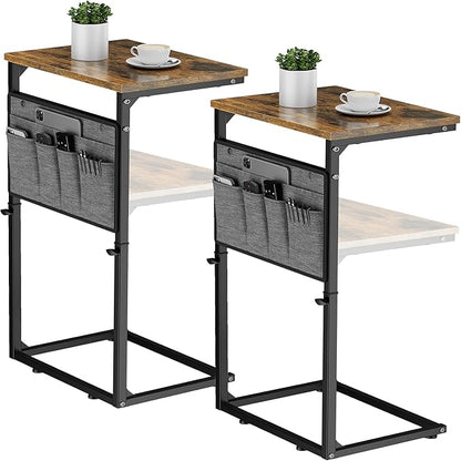 Vagusicc C Shaped End Table, Set of 2 Tall Side Table for Couch, Adjustable Height Small Couch Side Table for Small Spaces, End Table Slide Under Sofa Table TV Tray Arm Table for Living Room, Brown