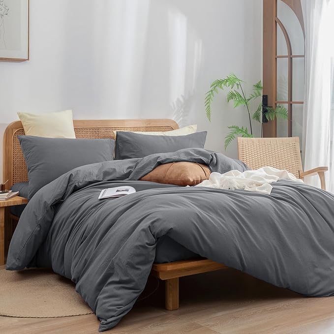 BESTOUCH Duvet Cover Set 100% Washed Cotton Linen Feel Super Soft Comfortable Chic Lightweight 3 PCs Home Bedding Set Solid Quiet Shade Grey Full/Double