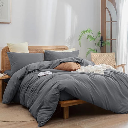 BESTOUCH Duvet Cover Set 100% Washed Cotton Linen Feel Super Soft Comfortable Chic Lightweight 3 PCs Home Bedding Set Solid Quiet Shade Grey Full/Double