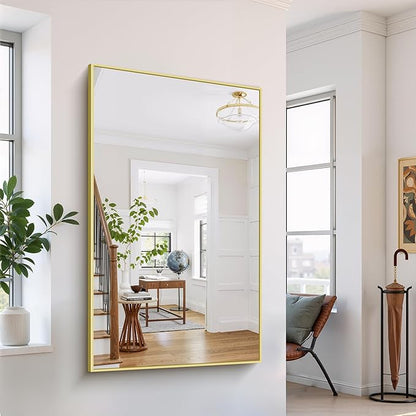 YIROMAN Bathroom Mirror 60"x36", Large Brushed Gold Bathroom Mirror for Over Sink with Aluminum Frame, Rectangular Vanity Mirror with Right Angle, Wall Mirror Hangs Horizontal or Vertical