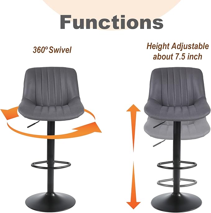 Bar Stools Set of 2, Swivel Counter Height Barstools with Back, Adjustable PU Leather Bar Chairs, Modern Armless Kitchen Island Stool, Dark Grey