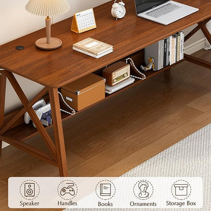 Extra Long Desk with Bookshelf - Wooden Home Office Work Study Table, 2-Person Writing Computer Workstation with Storage Shelf in Walnut, 63" Wx20 Dx30 H