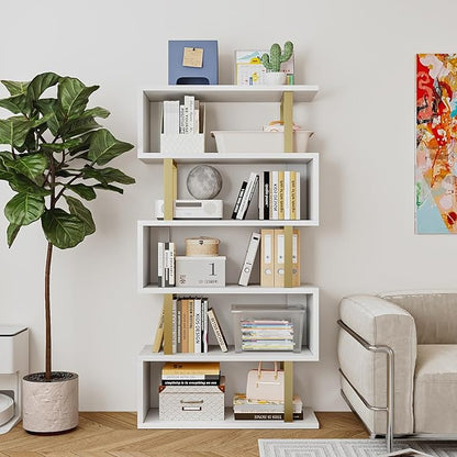 SORCEDAS Bookshelf Geometric Bookcase S Shaped Industrial Bookshelf Storage Display Stand Shelf for Living Room Bedroom and Office Room (White, 5 Tier)