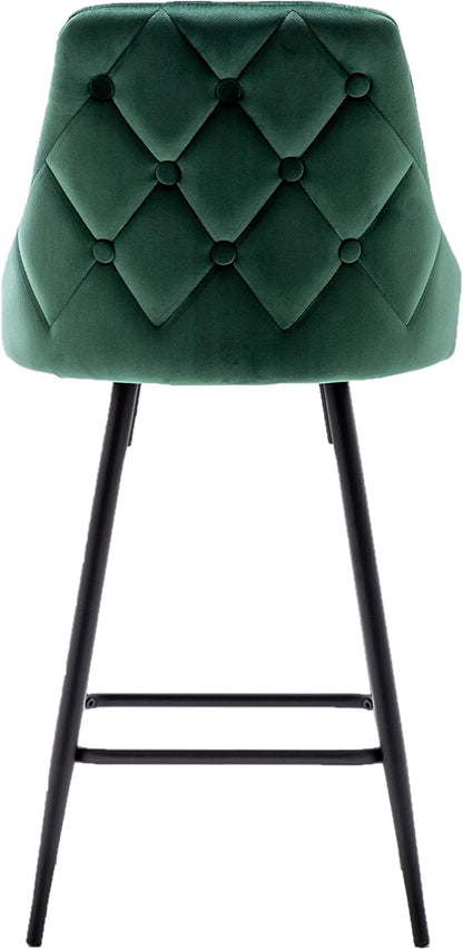 BTEXPERT Set of 2 Pack, Premium upholstered Dining 25" High Back Stool Bar Chairs, Green Velvet Tuftet Diamond Back