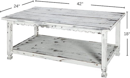 Country Cottage 42-Inch Farmhouse Coffee Table with Storage Shelf and White Antique Finish for Living Room or Family Room by Alaterre Furniture