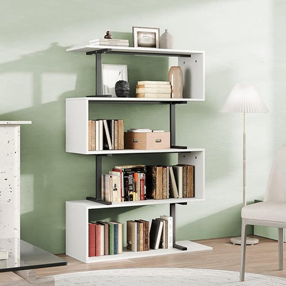 5-Tier Geometric Bookshelf, S Shaped Bookcase, 31.5" W x 58.3" H Wood Decorative Storage Shelving, Modern Freestanding Display Shelves, Tall Book Shelf Unit for Living Room Bedroom
