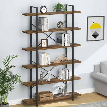 HSH 6 Shelf Tall Bookcase, Industrial Modern Large 6 Tier Bookshelf, Open Wood and Metal Display & Storage Rack,Farmhouse Bookcases and Book Shelves 6 Shelf for Bedroom Living Room Office,Rustic Brown