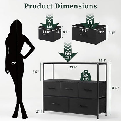 TV Stand, 5 Fabric Drawers Dresser Entertainment Center for TV up to 45 inch Wooden Media Console Table Storage Organizer with Open Shelf, for Living Room, Bedroom, or Small Space, Black