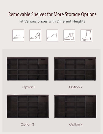 DINZI LVJ Shoe Bench, Entryway Storage Bench with Drawer and 15 Cubbies, Cubby Shoe Rack with Adjustable Shelves, Shoe Organizer Cabinet for Living Room, Bedroom, Mudroom, Closet and Garage, Espresso