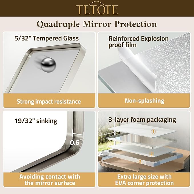 TETOTE 60 x 36 Inch Brushed Nickel Bathroom Mirror Metal Framed Bathroom Mirror, Tempered Glass, Modern Farmhouse Wall Mounted Mirror for Decorative(Horizontal/Vertical)