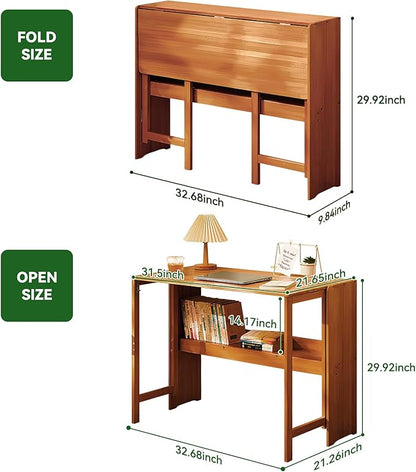Bamboo Folding Desk Mid Century Modern Desk for Home Office Bedroom Small Spaces, Brown