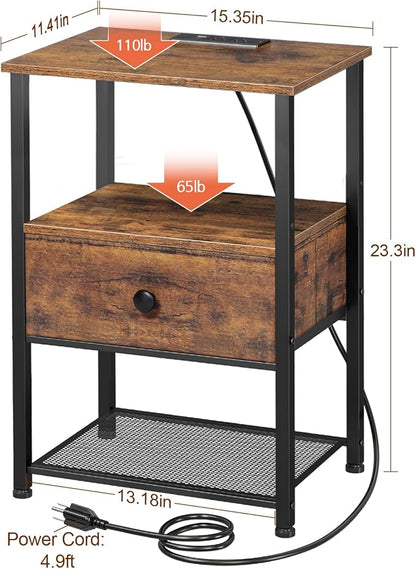 Night Stand Set 2, LED Nightstand with Charging Station, End Tables Living Room with Fabric Drawer for Small Spaces, Side Tables with Storage Shelf for Bedroom, Rustic Brown HETS01PQBR
