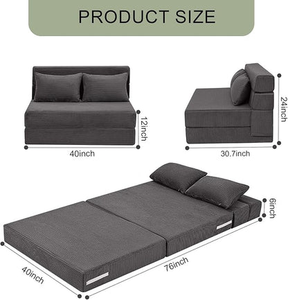 MeMoreCool Boneless Folding Sofa Bed, Corduroy Convertible Sleeper Chair, Foldable Foam Mattress Chair, Comfy Fold‑Out Futon Couch Bed, Large Floor Sofa Couch for Living‑Room Guest