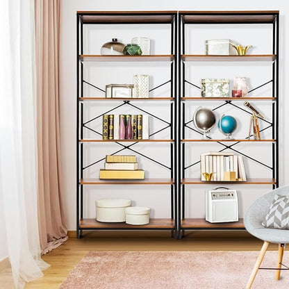 Himimi 6-Tier Bookshelf Set of 2,Tall Bookcase Industrial Wood Storage Rack with Open Book Shelves,Modern Metal Standing Organizer,Vintage Display Rack for Living Room, Office, Bedroom, Rustic Brown
