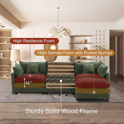 Furniliving 112‘’ L-Shaped Sofa, Luxury Chenille Modular Sectional Couches with Ottoman, Upholstered Deep Seat Sleeper Sofa with Memory Foam and Waist Pillows, Green