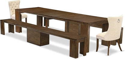 X02DA-208-32 5-Pc Mid Century Dining Table Set contains an Extendable Rectangle Kitchen Table, 2 Polyester Dining Chairs and 2 Modern Benches, 39x120 Inch, Antique Walnut