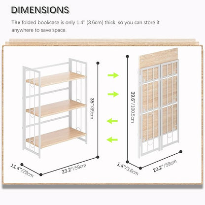 4NM No Assembly 3 Tiers Folding Bookshelf, 35" H Foldable Storage Shelves Vintage Bookcase Standing Racks Study Organizer Home Office - Natural White