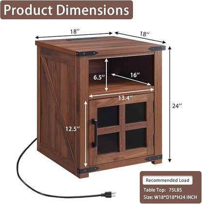 Farmhouse Nightstand with Charging Station, Rustic End Table with Tempered Glass Barn Door, Wood Sofa Side Bedside Table with Open Storage Shelf for Living Room, Bedroom, Brown, 2 Pack
