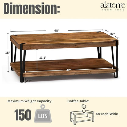 Alaterre Furniture Ryegate 48" Live Edge Wood Coffee Table â€“ Solid Acacia with Metal Frame, Industrial Modern Design, Rustic Rectangle Table with Clear Finish for Living Room or Lounge