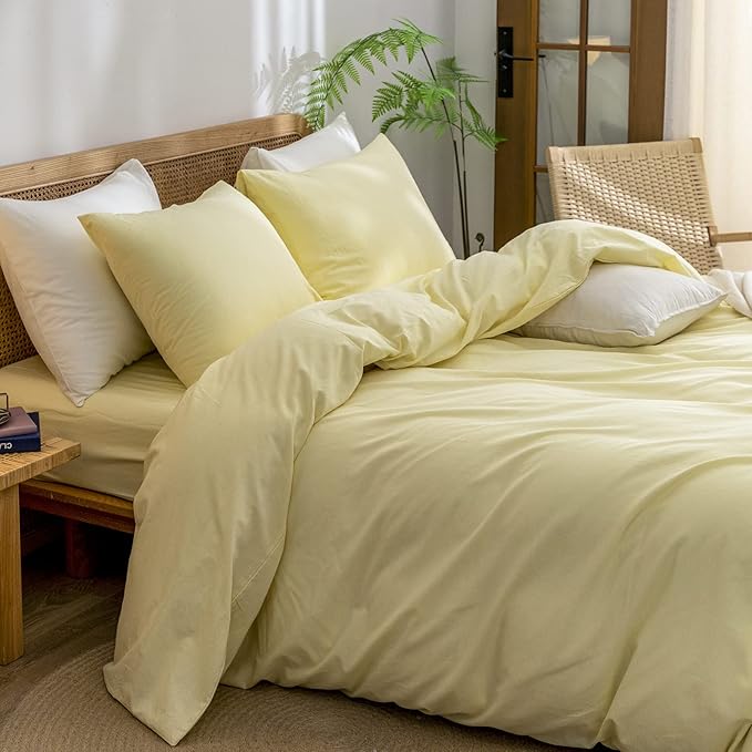 BESTOUCH Duvet Cover Set 100% Washed Cotton Linen Feel Super Soft Comfortable Chic Lightweight 3 PCs Home Bedding Set Solid Light Yellow King