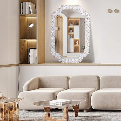 36x24 Inch Scalloped Wall Mirror with Wooden Frame, Rustic Farmhouse Bathroom Vanity Mirror, Decorative Mirrors for Living Room, Bedroom, Entryway – Vertical or Horizontal Mount