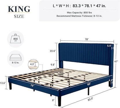 Allewie King Size Velvet Bed Frame/Vertical Channel Tufted Wingback Headboard/Upholstered Platform Bed/Strong Wooden Slats/No Box Spring Needed/Easy Assembly/Blue