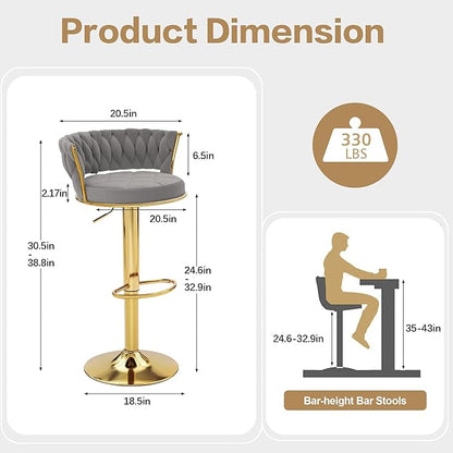 VECELO Bar Stools Set of 4, Adjustable Barstools Counter Height Stools with Back and Arm, Velvet Woven Kitchen Island Stools w/Gold Metal Leg & Base, 360° Swivel Bar Chair, Light Grey