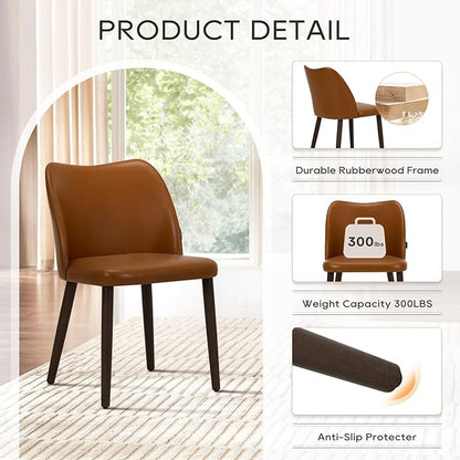 COLAMY Upholstered Dining Chairs Set of 2, PU Leather Dining Room Kitchen Side Chair with Padded Seat and Wood Legs Restaurant/Cafe,Light Brown