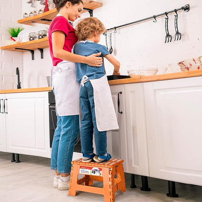 ACSTEP 9 Inch Folding Step Stool 300 LB Capacity Plastic Foldable Step Stools for Kids and Adults, Folding Stool Suitable for Kitchen, Stepping Stool with Handle Orange Small Step Stool 1PC