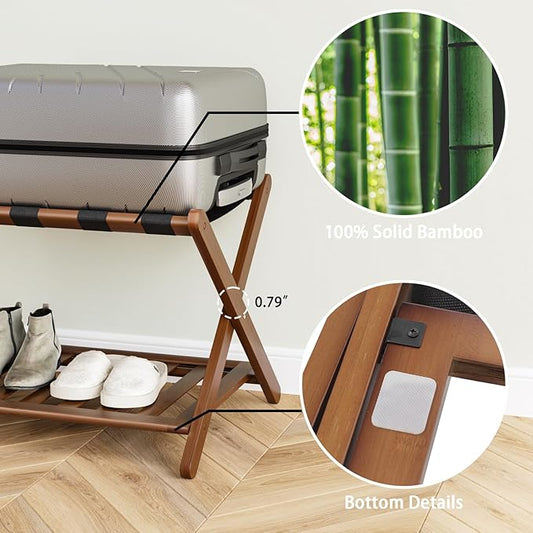 Fully Assembled Walnut Luggage Racks Set of 2, 5 Nylon Straps Folding Suitcase Stand, Bamboo Luggage Stands with Storage Shelf, Ideal for Guest Room, Bedroom, Hotel