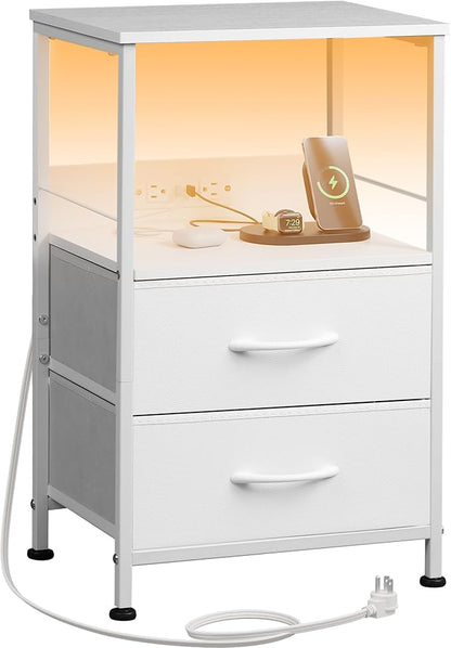 WLIVE White Night Stand with Charging Station, LED Nightstand with 2 Fabric Drawers and Storage Shelf, Dorm Bedside Table End Table with 2 USB Ports and Outlets, Small Dresser for Bedroom, Living room