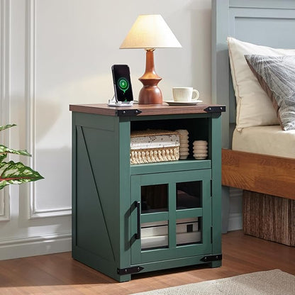 Farmhouse Nightstand with Charging Station, Rustic End Table with Tempered Glass Barn Door, Wood Sofa Side Bedside Table with Open Storage Shelf for Living Room, Bedroom, Green, 2 Pack