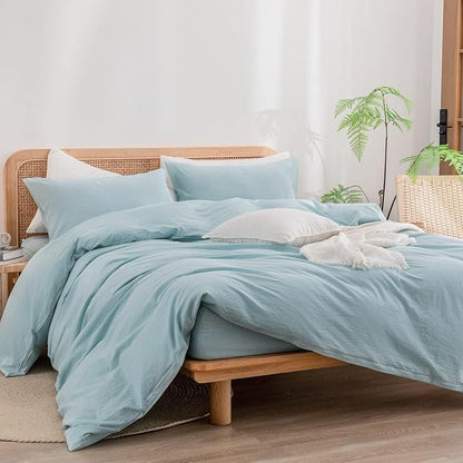BESTOUCH Duvet Cover Set 100% Washed Cotton Linen Feel Super Soft Comfortable Chic Lightweight 3 PCs Home Bedding Set Solid Hushed Green Oversized Full