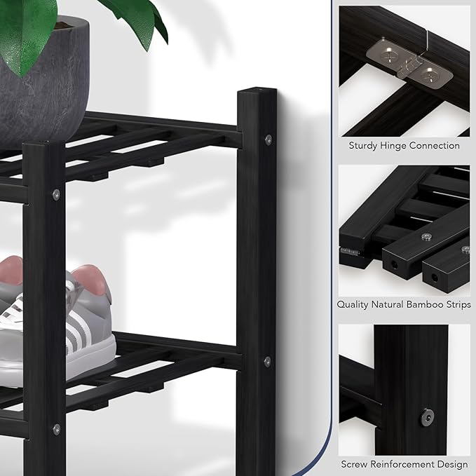 Haddockway Long 3 Tier Bamboo Shoe Rack Storage Organizer, Multifunctional Free Standing Stackable Shoe Shelf with Grid Panel for Closet,Hallway,Entryway,Small Space 34.2"x11"x20"(Black, 3-Tier(Long))