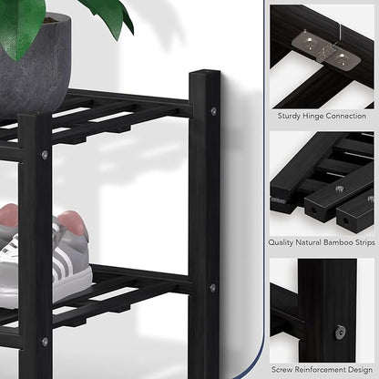 Haddockway 2 Tier Bamboo Shoe Rack Storage Organizer, Multifunctional Free Standing Stackable Shoe Shelf with Grid Panel for Closet,Hallway,Entryway,Small Space 27"x11"x13" (Black, 2 Tier)