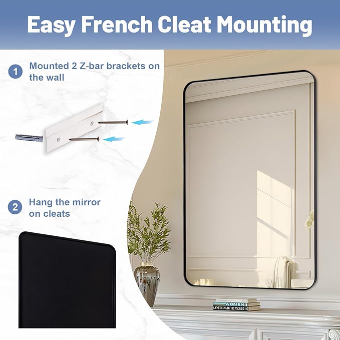 Black Mirrors for Bathroom, 30"x36" Rounded Corner Rectangle Mirror, Modern Metal Frame Bathroom Vanity Mirror for Home Decor Living Room Entryway (Horizontal/Vertical)