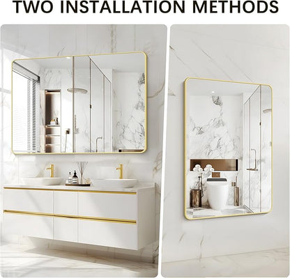 36"x48" Bathroom Mirror, Gold Rectangle Mirror, Large Rectangular Wall Mirror, Rounded Corner Vanity Mirror with Aluminum Metal Frame for Bathroom Bedroom Living Room Horizontal/Vertical