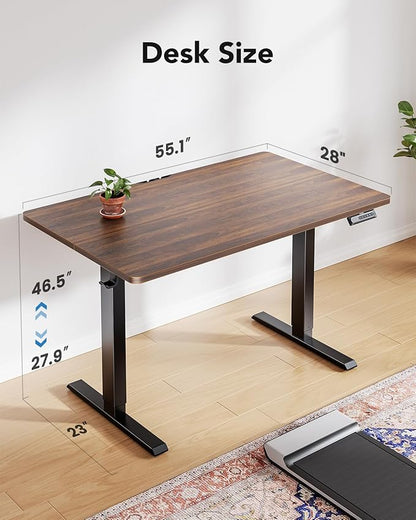 HUANUO 55" x 28" Electric Standing Desk Adjustable Height, 4 Memory Height Settings, Headphone Hook, Cable Manager, Sit Stand Up Desk for Home Office & Computer Workstation, Walnut