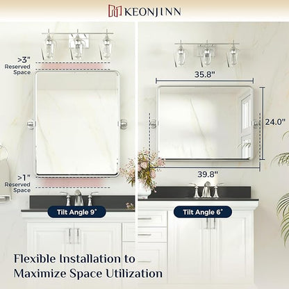 Keonjinn 24 x 36 Inch Pivot Mirror Bathroom, Brushed Nickel Tilt Mirror Bathroom for Wall, Beveled Pivot Rectangle Mirrors for Over Sink, Farmhouse Metal Framed Vanity Mirrors, Horizontal/Vertical