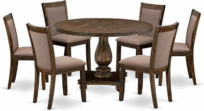 East West Furniture I2MZ7-748 7 Piece Modern Dining Table Set Consist of a Round Wooden Table with Pedestal and 6 Coffee Linen Fabric Upholstered Chairs, 48x48 Inch, Distressed Jacobean