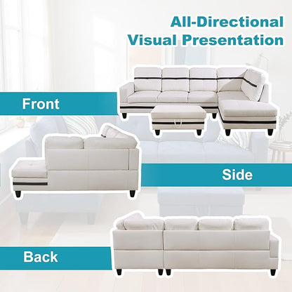 Couches for Living Room PU Leather L Shaped Couch Comfy 3 Pieces Sectional Sofa with Chaise, Ottoman with Storage for Office and Small Apartment, White and Black