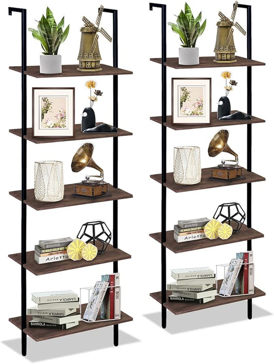 5 Tiers Ladder Shelf 2-Piece Black Modern Tall Bookshelf Open Large Tall Wall Mount Storage Bookcase Standing Leaning Wall Shelves Industrial Decorative (Brown)