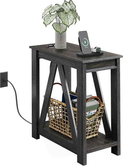 WLIVE Narrow End Table with Charging Station of Open Storage Shelf, Sofa Side Table with 2 USB Ports and 2 Power Outlets, Slim Farmhouse End Table for Small Spaces, Bedroom, Living Room